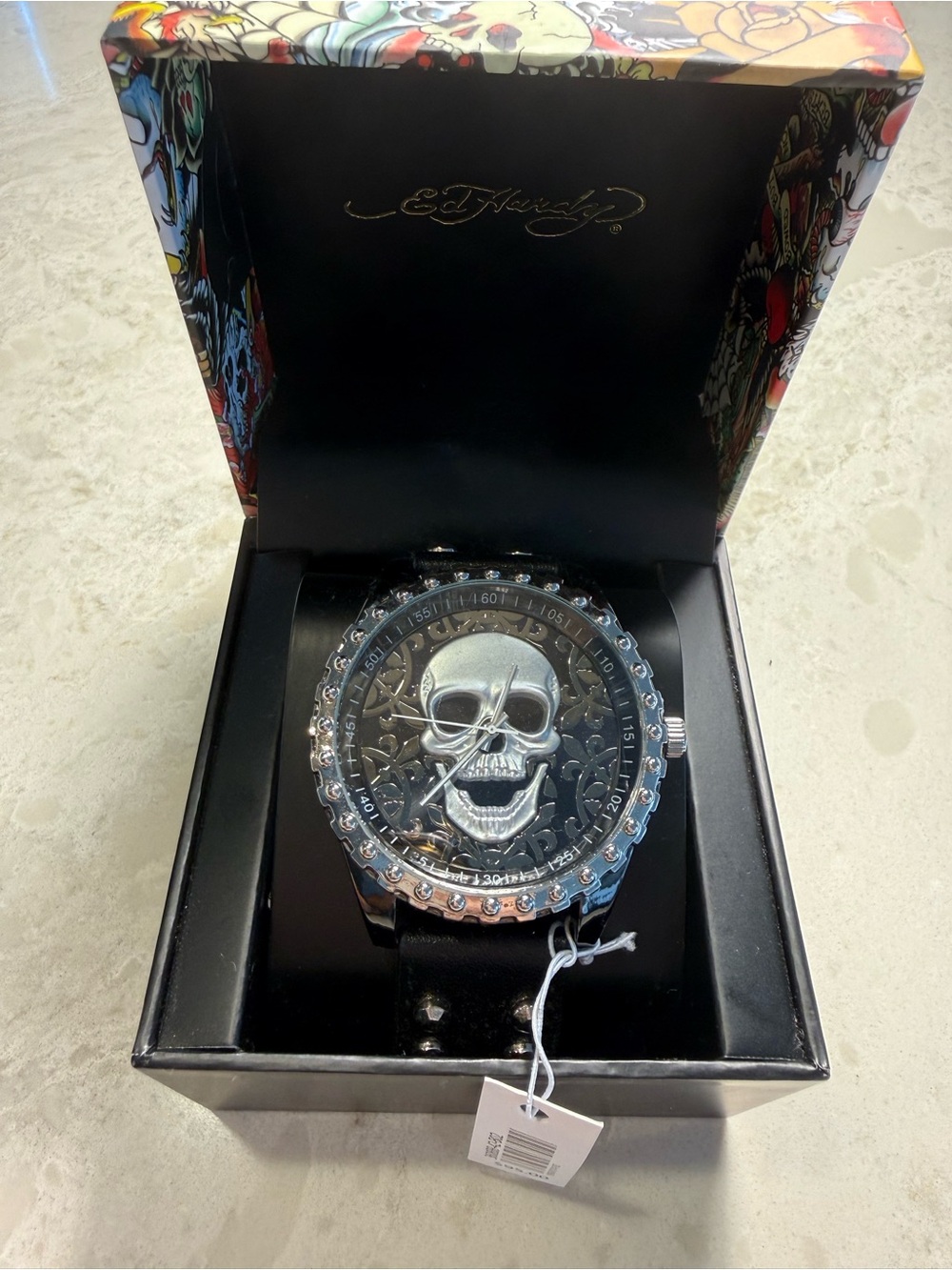 Ed Hardy Men's 3D Skull Watch Black Cuff Leather Strap Crystals 3608BB-42-B02